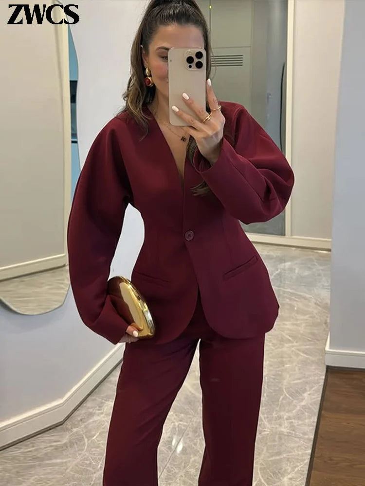 🍒Stylish blazers coat v neck jacket for women and pants set party occasion wear single button suit with matching straight long trousers office outfit single out this single button in a Single Minute
