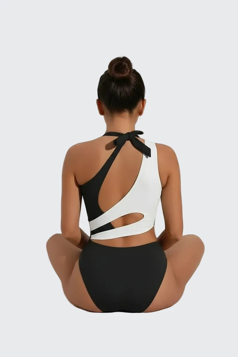 🍒One-piece swimsuit colour block collision single shoulder bathing suit strap design high eastic backless swimwear type european style swimming costume with tie straps  SHOREly CHIC