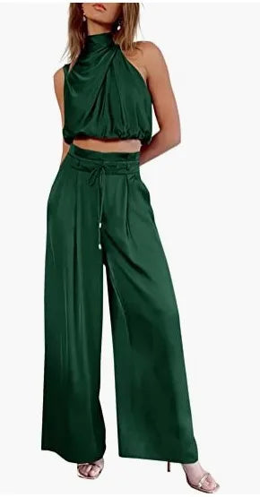 🍒Two piece pant sets for women open navel outfit silky sleeveless tops and wide leg trousers smart casual clothing summer fashion wear club wear party occasion wear 2 piece Sets pop this CROP and get SET for WIDE approval