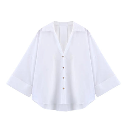 🍒 Womens oversized button - down shirt with rolled up sleeves v -neck for a chic Look smart casual clothing relaxed blouse officewear tops BATle The Day In Your WINGS