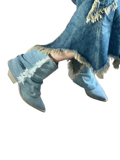 🍒Pointy toe ankle boots blue denim canvas shoes casual cloth booties for women comfortable western boots Cool Cowboy