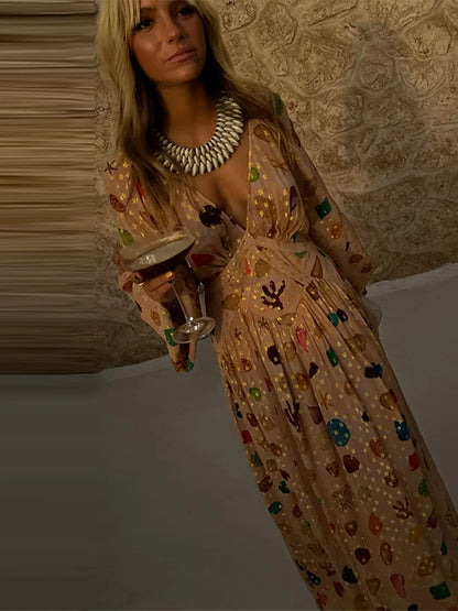 🍒Mesh maxi dress printed for women v-neck long Sleeve drapey maxi outfit boho summer party clothing occasionwear dresses This diamond Is Gold