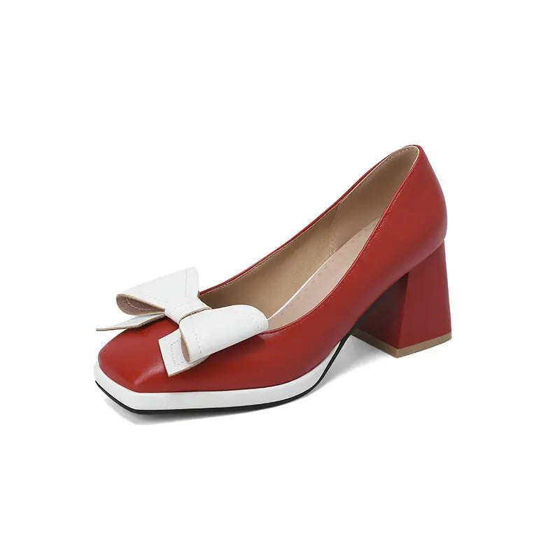 🍒Bow-tie heels women elegant shoes medium block heel pumps office wedding party shoes for occasions