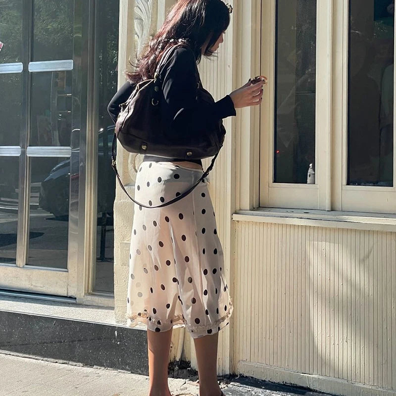 🍒Polka dot high waist skirt  womens chiffon lace skirt over knees fashion office lady elegant a-line summer wear No Polka -ing Fun At This Fun Polka