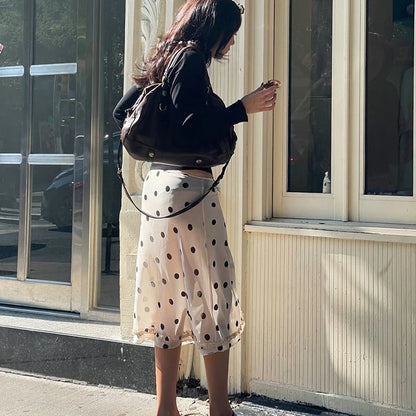 🍒Polka dot high waist skirt  womens chiffon lace skirt over knees fashion office lady elegant a-line summer wear No Polka -ing Fun At This Fun Polka