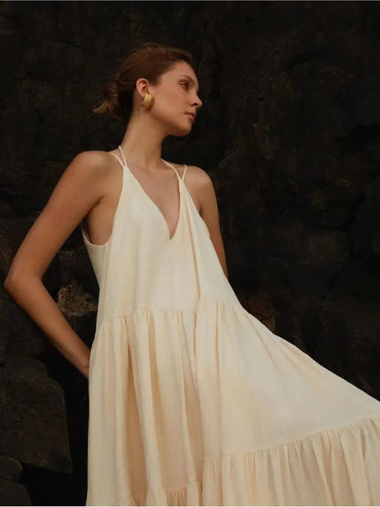 🍒Womens casual long dresses spring double v neck backless summer dress loose sling outfit beach wear holiday wear maxi fashion Fashionably Fancy