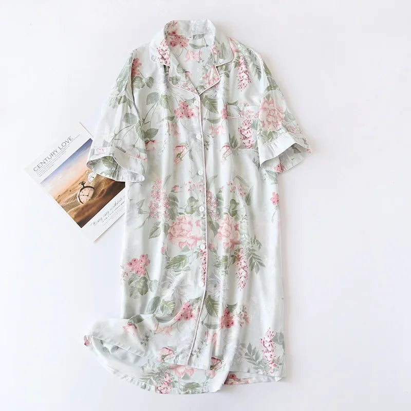 🍒Womens pyjama nightie cotton viscose comfy cardigan nightdress loose fit short sleeve nightgown floral print night wear sleep dress Comfort Cool