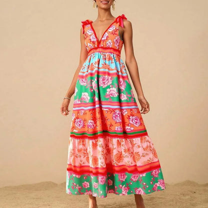 🍒Print sleeveless outfit swing dress v-neck women maxi high waist fashion holidays summer wear beach wear Shore Thang