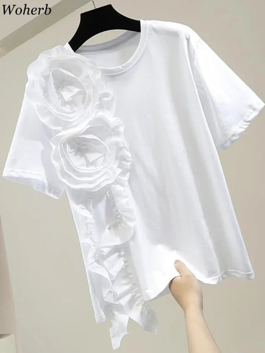 🍒Summer t-shirts for women o-neck smart casual tops t-shirt for party 3D floral tees occasion wear oversized shirts Look A'white At Night