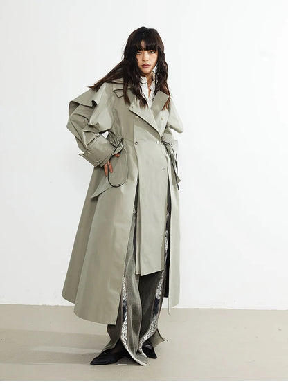 🍒Long oversized trench coat elegant ruffled outerwear for women double breasted luxury designer overcoat runway fashion  Trendy Travel Trench Classic Comfort