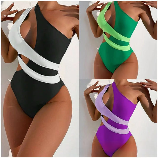 🍒One-piece swimsuit colour block collision single shoulder bathing suit strap design high eastic backless swimwear type european style swimming costume with tie straps  SHOREly CHIC