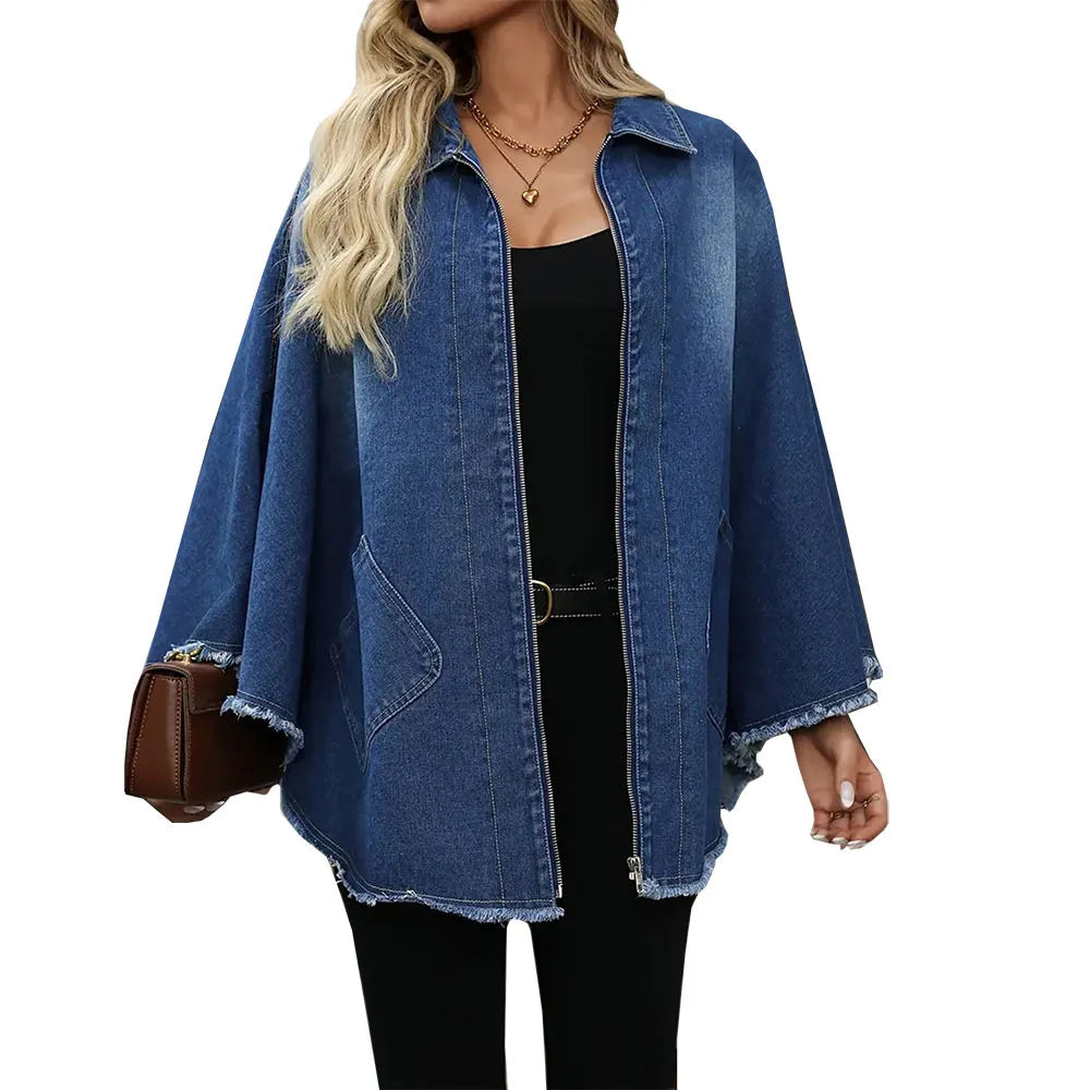🍒Denim jacket women y2k pocket coat zipper poncho with turn down collar batwing sleeves  outerwear loose casual BAT For The DENIM team And WINg