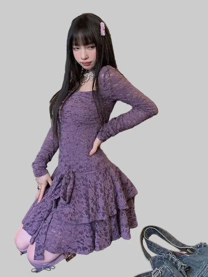 🍒Square neck mini dress solid color lace causal outfit for women  slim waist tunic sleeve Y2k aesthetic fashion summer wear elegant smart casual clothing Get Laced In Purple