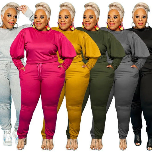🍒Plus size sets for women two piece pant suit sport style puff sleeve clothing women solid colour long sleeve top and pant fitted two piece sets smart casual clothing L-4XL Sport A Puff
