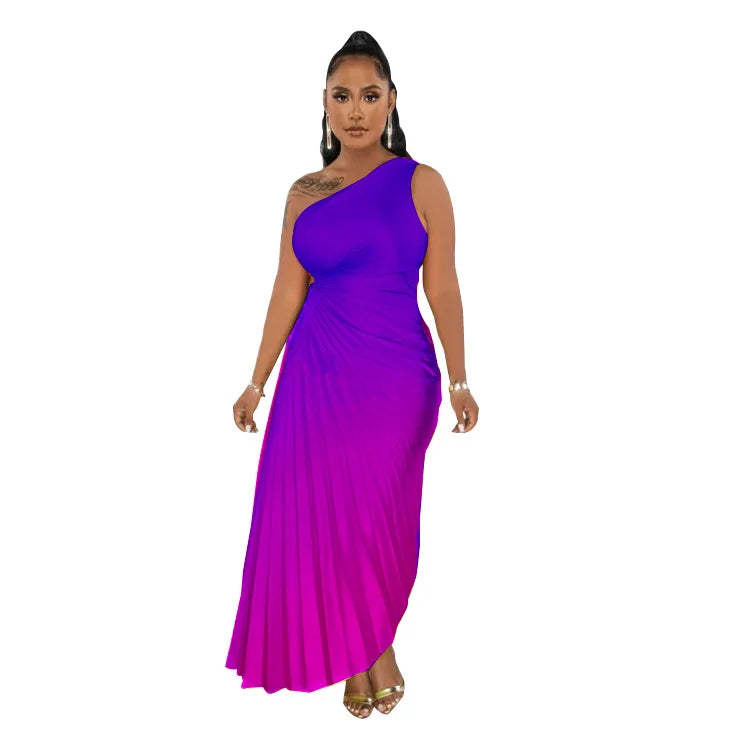 🍒One shoulder midi multicolour gradient printed dress pleated roll waist irregular hem maxi dress big sundial style midaxi outfit Sweet Summer Sundial