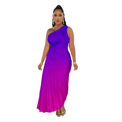 🍒One shoulder midi multicolour gradient printed dress pleated roll waist irregular hem maxi dress big sundial style midaxi outfit Sweet Summer Sundial