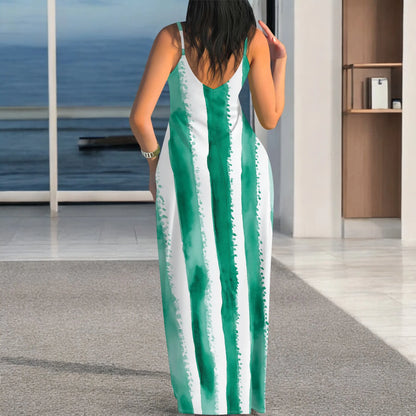 🍒Striped spaghetti strap maxi dress for holiday watercolor green & white pattern summer beach clothes for women plus size clothing S-3XL Five Stripes And Your Out-fitted
