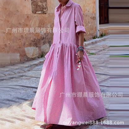 🍒Women's check maxi dress high street clothing fashion and long loose shirt dress long sleeve with lapel pendulum outfit spring and summer fashion for holidays Check This Check