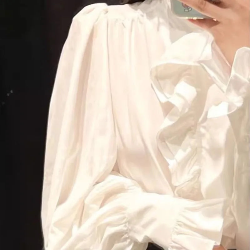 🍒French white ruffle blouse women long sleeve asymmetrical stand collar chic shirt retro pleated office commuter soft sweet tops occasion clothing smart casual wear Balance Ruffles In Your purse with this Asymetric