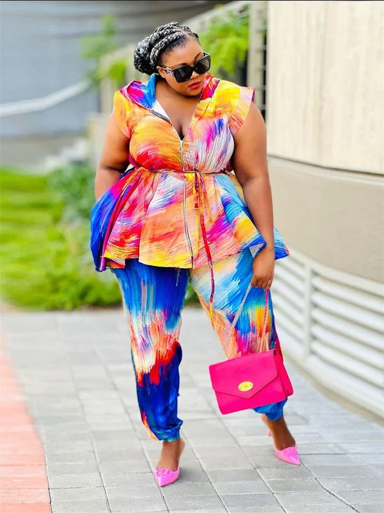 🍒Plus size two piece women colourful party outfit tie dye  sleeveless hoodie set casual loose top and pants matching set beach party clothes holiday wear Get TIEd to Colour I know Your DYEing To