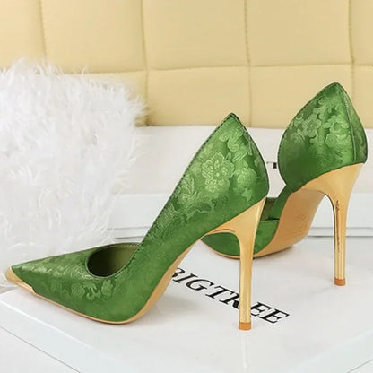 🍒Pointed heels metal tipped front party shoes evening pumps footwear women’s fashion luxury high heels embossed wedding shoes banquet special occasion Golden Tip Get These Gold Tips