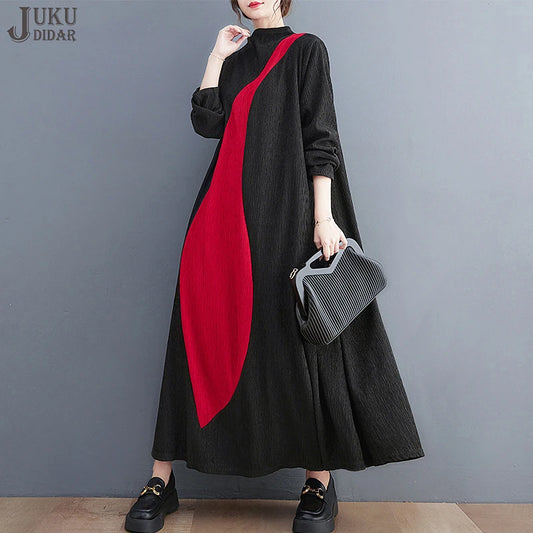 🍒Long sleeve maxi dress red and black outfit long sleeve loose  women smart casual clothes with patchwork loose fit a-line occasion wear chic holiday wear oversize fashion  Black Out Boring Clothes And Get This Red