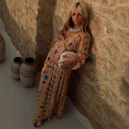 🍒Mesh maxi dress printed for women v-neck long Sleeve drapey maxi outfit boho summer party clothing occasionwear dresses This diamond Is Gold