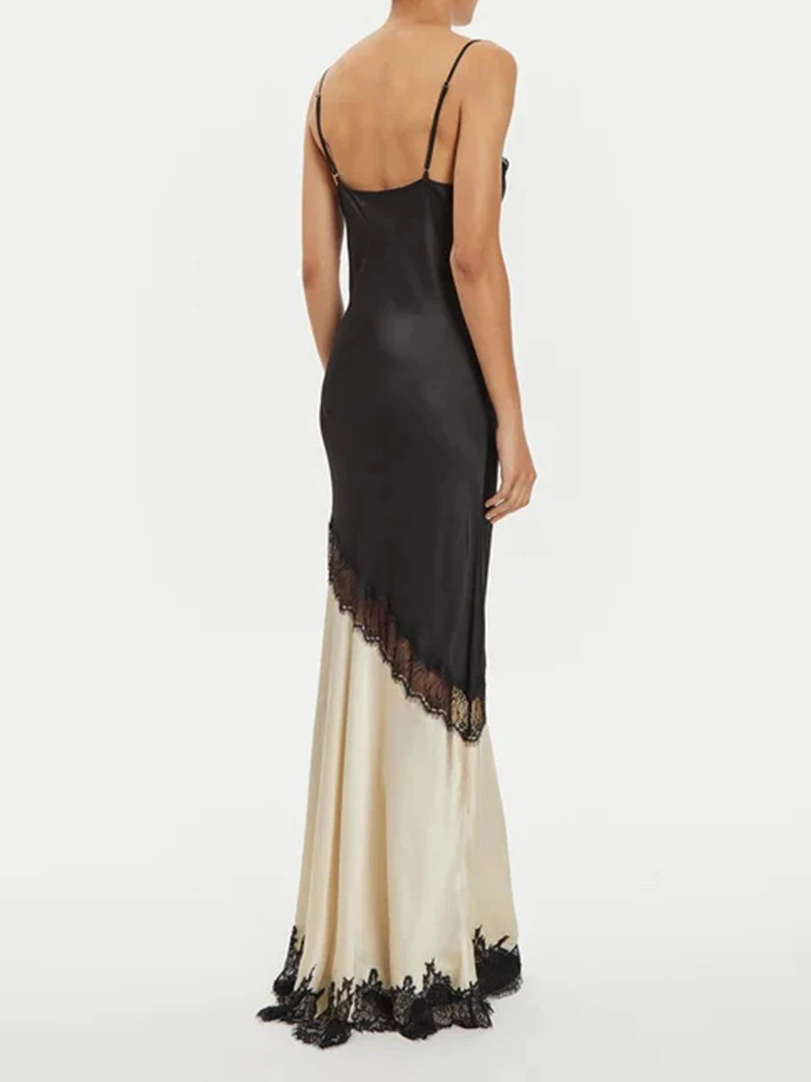 🍒Colour block lace dress sheer lace clothing for women long outfit v-neck sleeveless High wasit slim split dresses Female occasion wear party wear You wont be UNDER impressed with this FASHION  WEAR