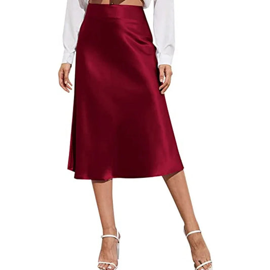 🍒Satin high waist midi skirt solid color a line skirt silky elegant fashion party wear smart casual clothing for women Shine In Satin