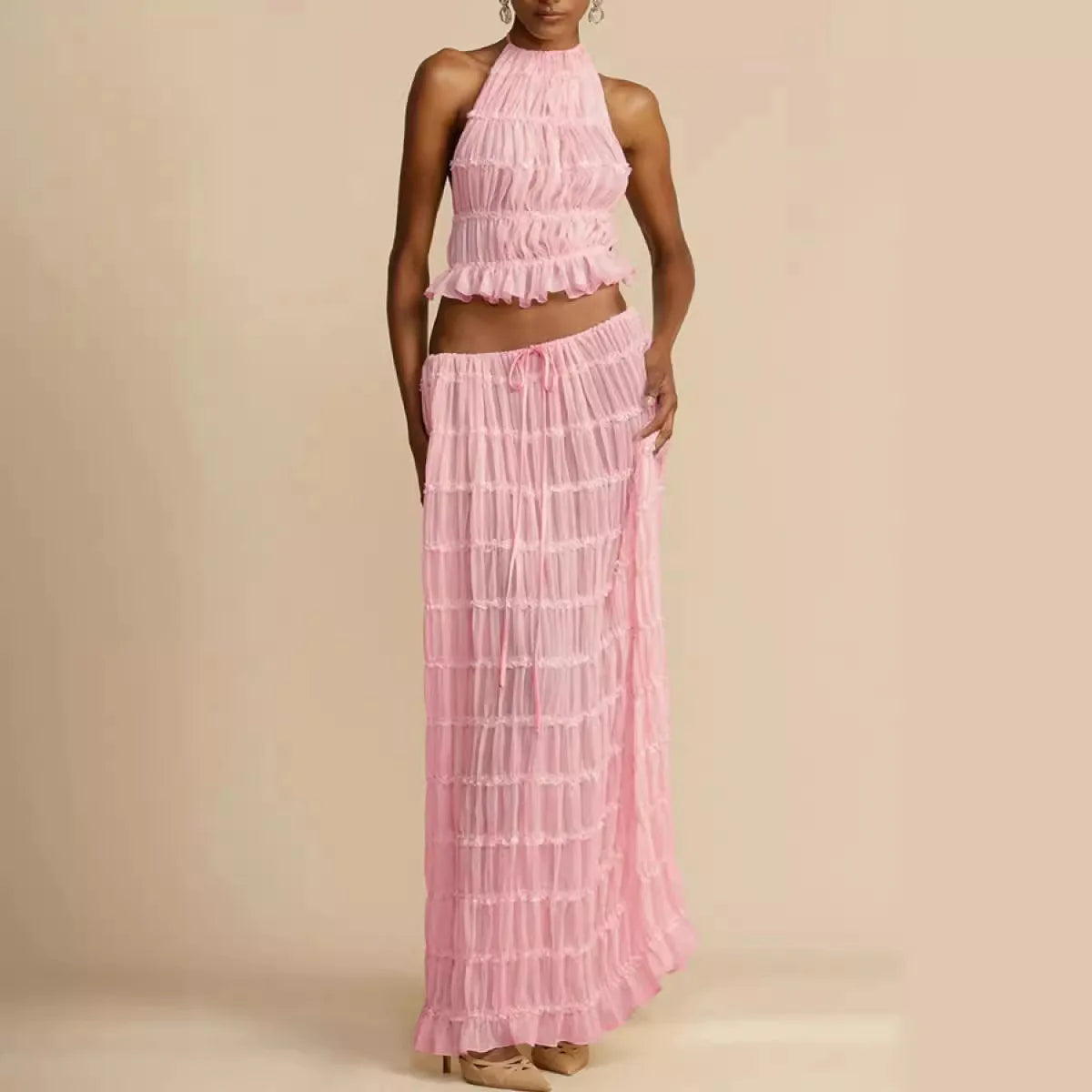 🍒Casual outfit long skirt maxi and sleeveless backless tops for women high waisted long straight skirt beach chic suit  Lovely Ruchie Rufflie