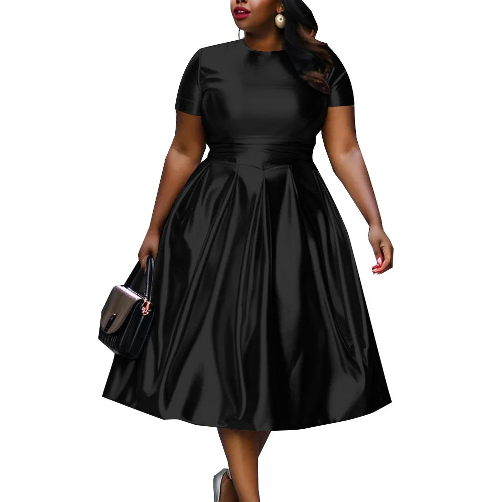 🍒A-line shiny dress metallic short sleeve midi for women plus size outfit fit and flare elastic dress smart casual clothing Summer Stunner
