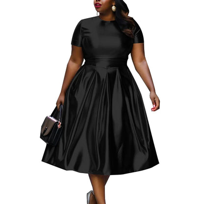 🍒A-line shiny dress metallic short sleeve midi for women plus size outfit fit and flare elastic dress smart casual clothing Summer Stunner