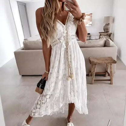 🍒Sleeveless lace dress spaghetti straps camisole long mesh outfit v-neck loose summer fashion for women tassel loose beach wear for women solid colour holiday wear Do A Spot Of Sunbathing In  Beachy Lace