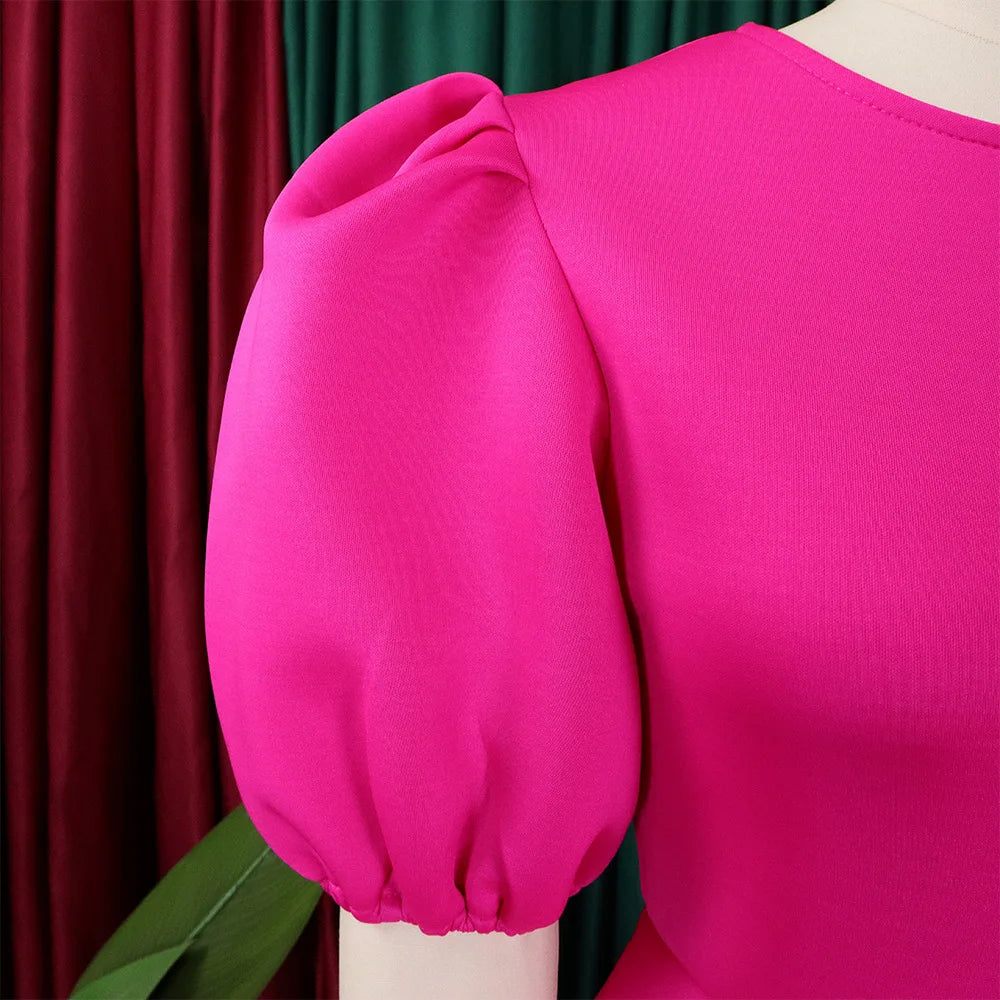 🍒Elegant dresses for woman o neck short sleeve outfit for birthday party high waisted pleated puff sleeves female fashion wear occasion wear evening party wear mid calf luxury B'day Bopper Beauty Babe