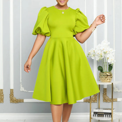 🍒Elegant dresses for woman o neck short sleeve outfit for birthday party high waisted pleated puff sleeves female fashion wear occasion wear evening party wear mid calf luxury B'day Bopper Beauty Babe