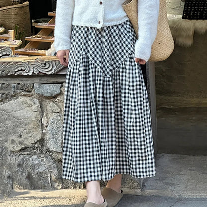 🍒Checkered a-line skirt high waisted tiered maxi skirt outfit all match loose pleated midaxi outfits for women fashion wear female casual wears  Chic Check