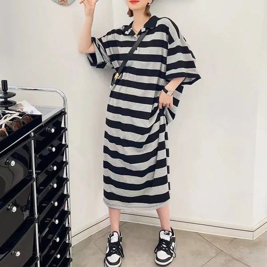 🍒Striped summer polo shirt dress t-shirt dresses for women short sleeve plus size midi dresses mid length outfit vintage fashion casual clothing