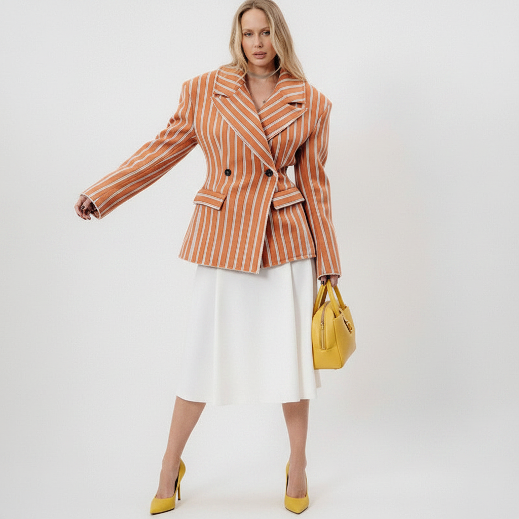 🍒Striped print blazer women's full Sleeve jacket with notched lapel collar double breasted spring coat fashion wear office clothing   Look Chocolate In Orange