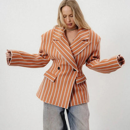 🍒Striped print blazer women's full Sleeve jacket with notched lapel collar double breasted spring coat fashion wear office clothing   Look Chocolate In Orange
