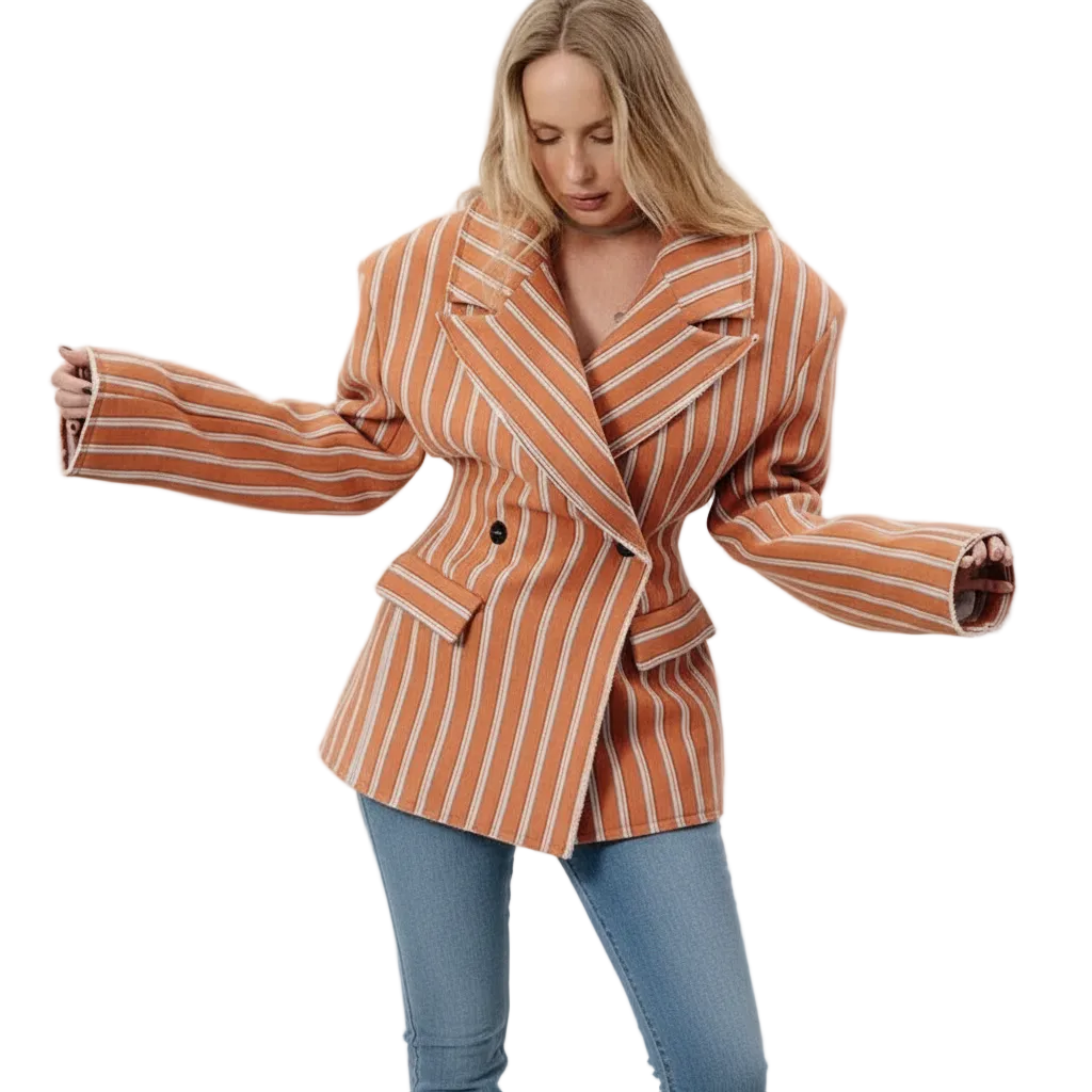 🍒Striped print blazer women's full Sleeve jacket with notched lapel collar double breasted spring coat fashion wear office clothing   Look Chocolate In Orange