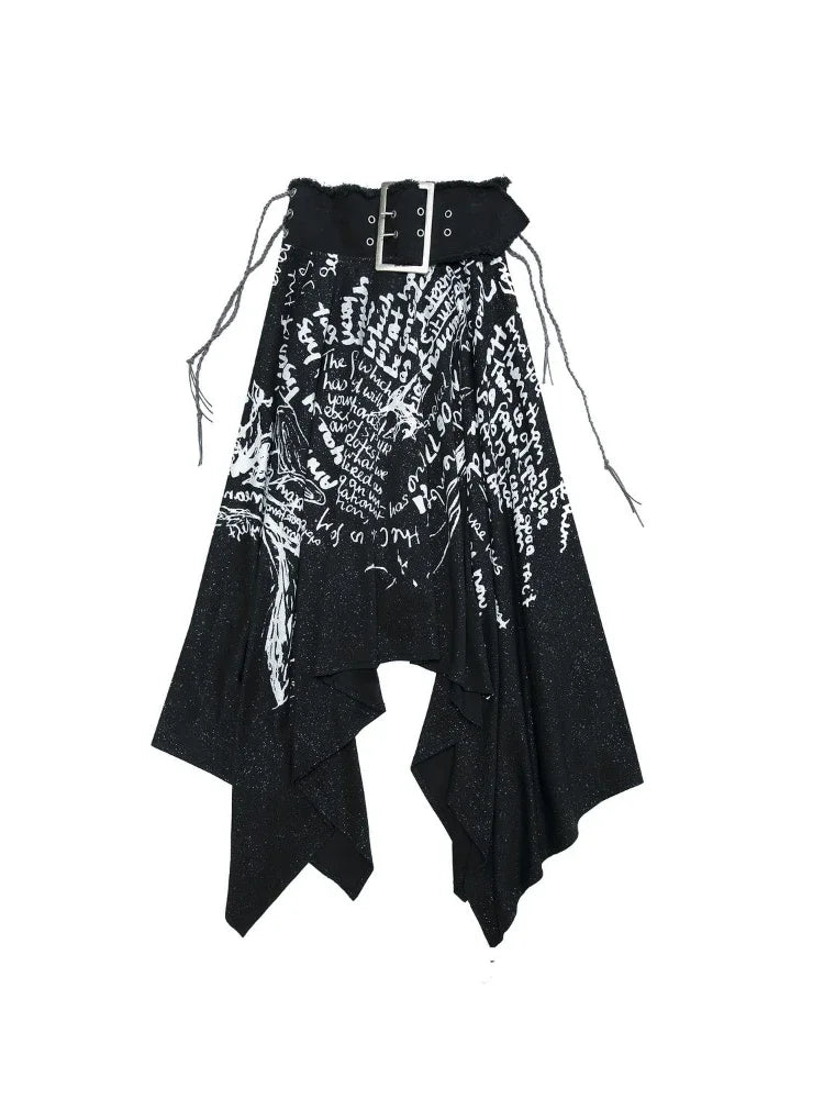 🍒Irregular letter print skirt shark bite skirt high waist long for women's y2k aesthetic vintage fashion streetwear Word On The Street These Are Cool Clothes