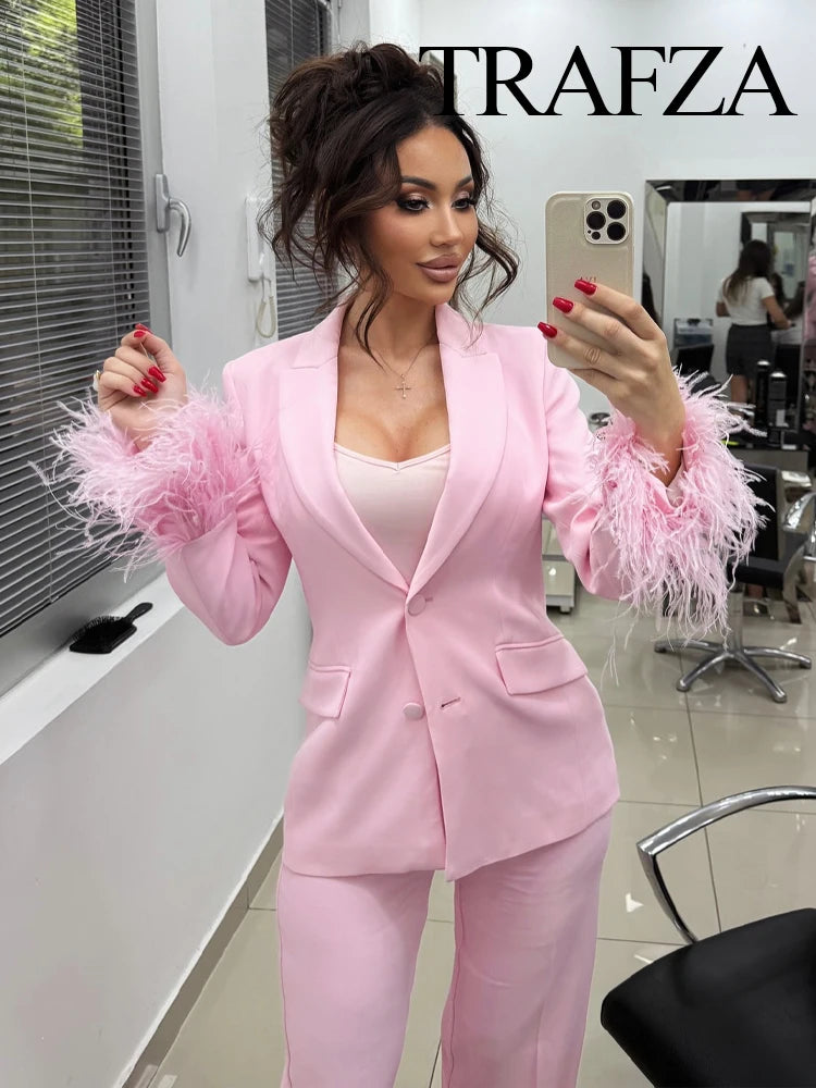 🍒Women's pink blazer sets lapel  collar long sleeve coat jacket single-breasted and chic pocket zip pants high waist party occasion wear Floss In Candy
