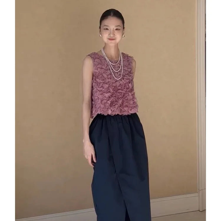 🍒Purple 3D rose flowers vest crop top womens summer fashion sleeveless tank top camisole outerwear feminie party occasion wear