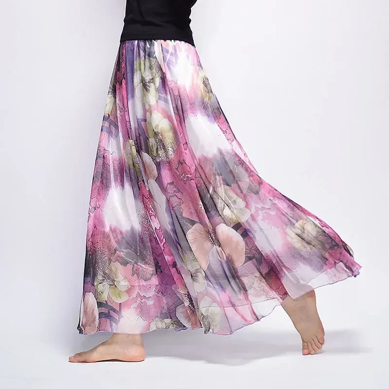 🍒Vintage bohemian long skirt full elegant chiffon fashion beach wear smart casual women high waist maxi skirt outfit summer Clothing Fill Your Basket With Roses