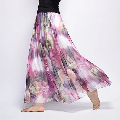 🍒Vintage bohemian long skirt full elegant chiffon fashion beach wear smart casual women high waist maxi skirt outfit summer Clothing Fill Your Basket With Roses