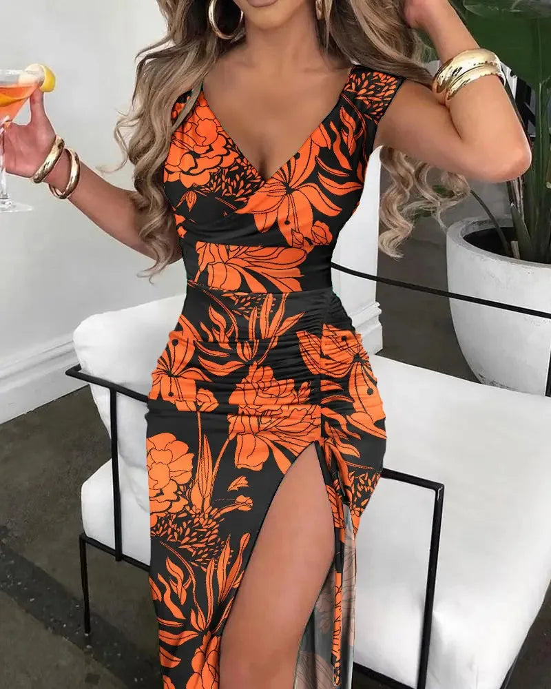 🍒Summer print dress fashion smart casual clothes for women elegant v-neck sleeveless bodycon dress with split front beach party wear Print Your Summer Print