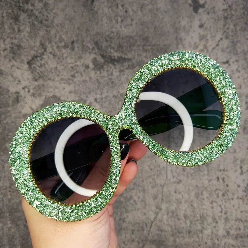 🍒Oversized round diamond sunglasses for women crystal sunnies rhinestone smart eyewear bling glasses eye glasses shades with uv400 protection Glamy Goggles