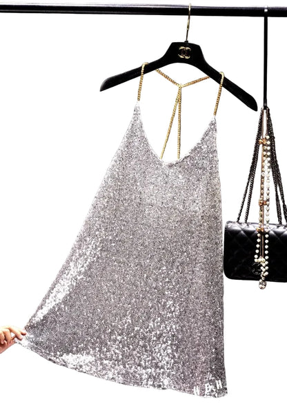 🍒Party dress with metal straps for womens sequin outfit with hanging neck back chain Long Render In backless sleeveless dress nightclub party occasion wear You Will Be Melted When You Get This Molton