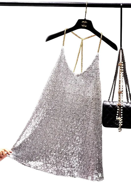 🍒Party dress with metal straps for womens sequin outfit with hanging neck back chain Long Render In backless sleeveless dress nightclub party occasion wear You Will Be Melted When You Get This Molton