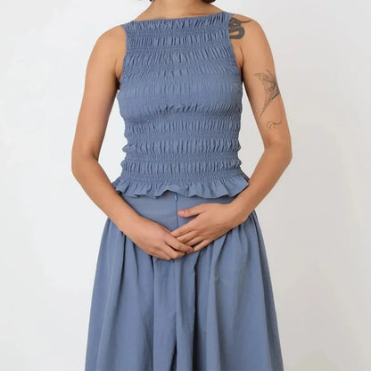 🍒Women Y2K smocked shirred tank top sleeveless crew neck frill ruffle crop top ruched pelpum going out tops party clubwear